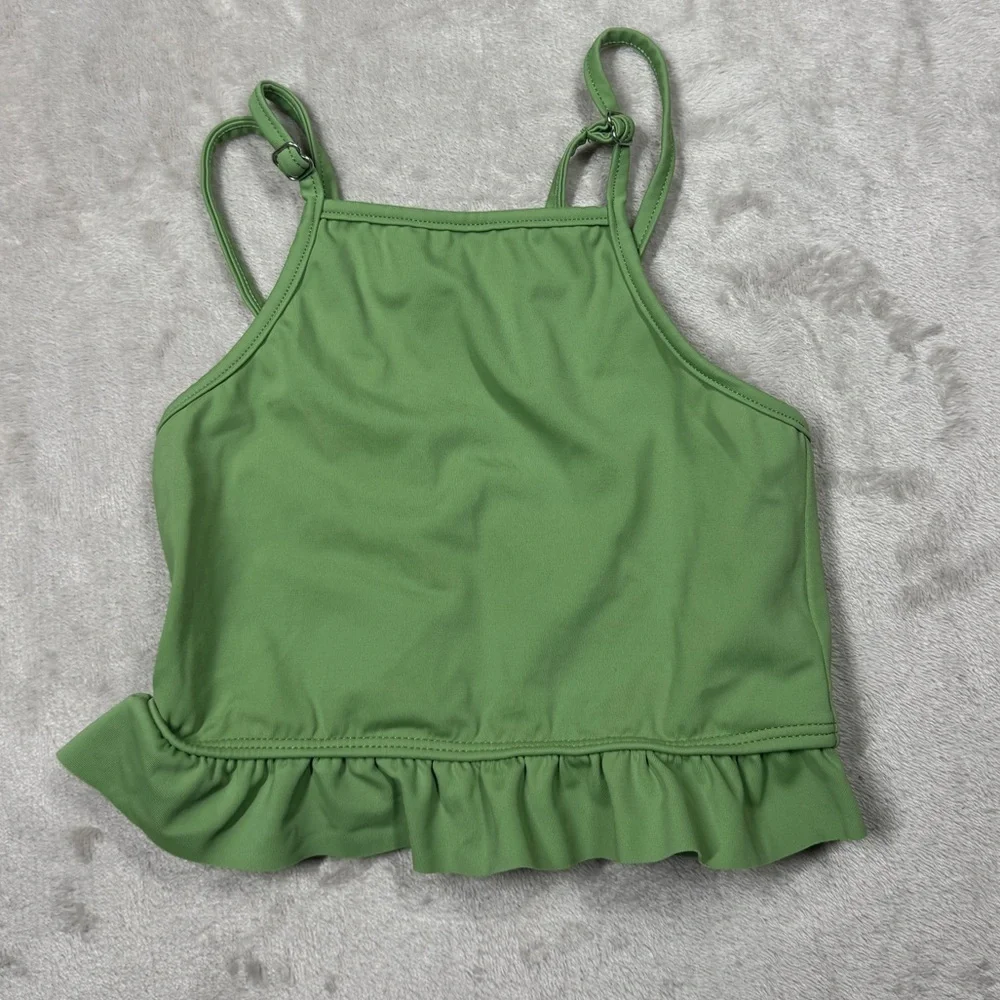 Kortni Jeane Green Adjustable Straps Ruffle Hem Square Neck Bathing Suit Top 2/3
